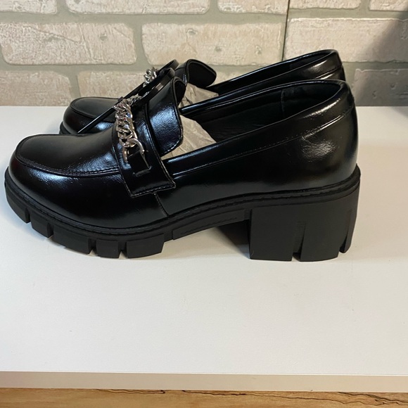 Black Chunky Platform Loafers with Chain Accent - Picture 3 of 8